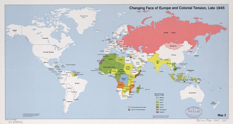 Map of the World in 1945 as colonies were beginning to break away.